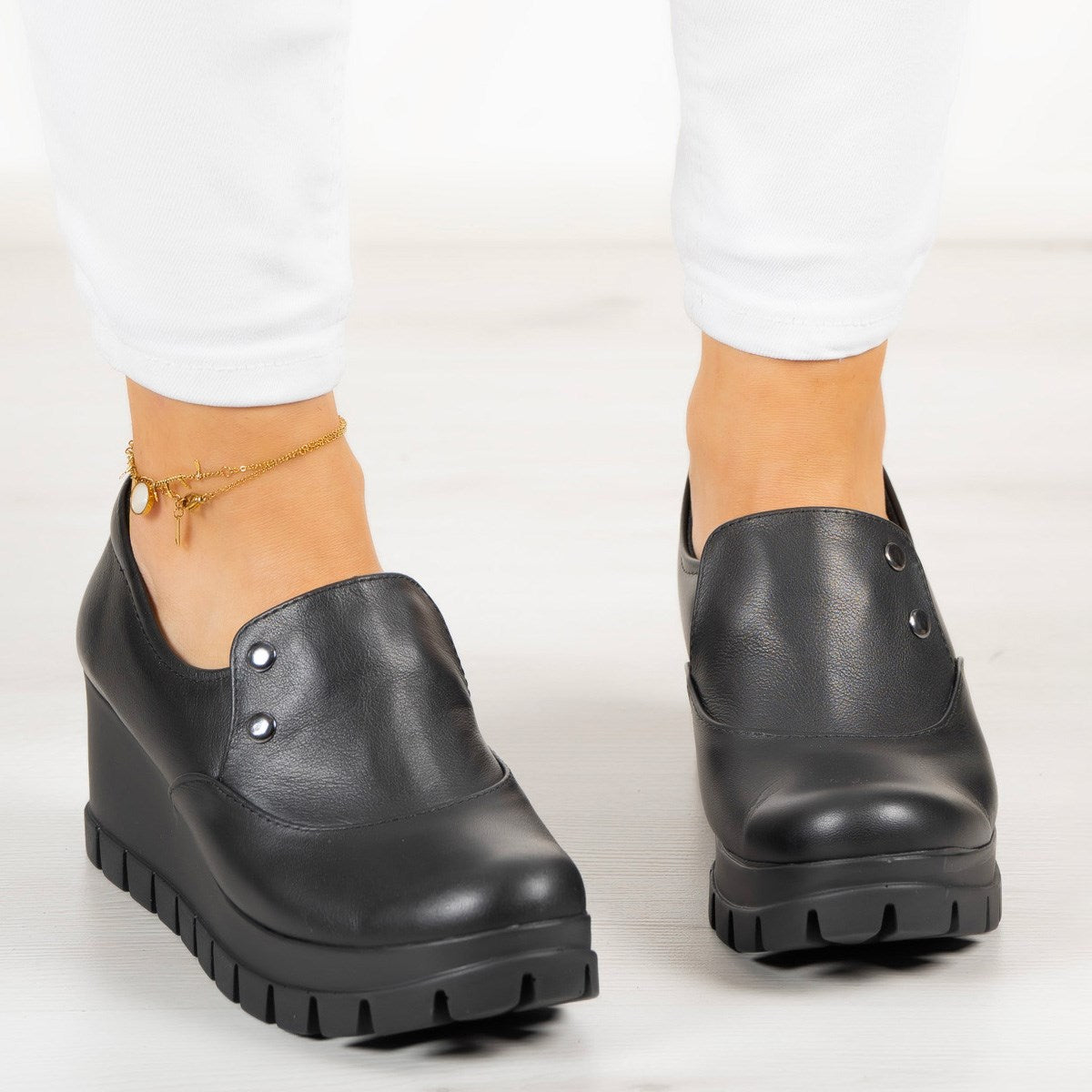 Gloria Siyah Hakiki Deri Dolgu Topuklu Günlük Ayakkabı