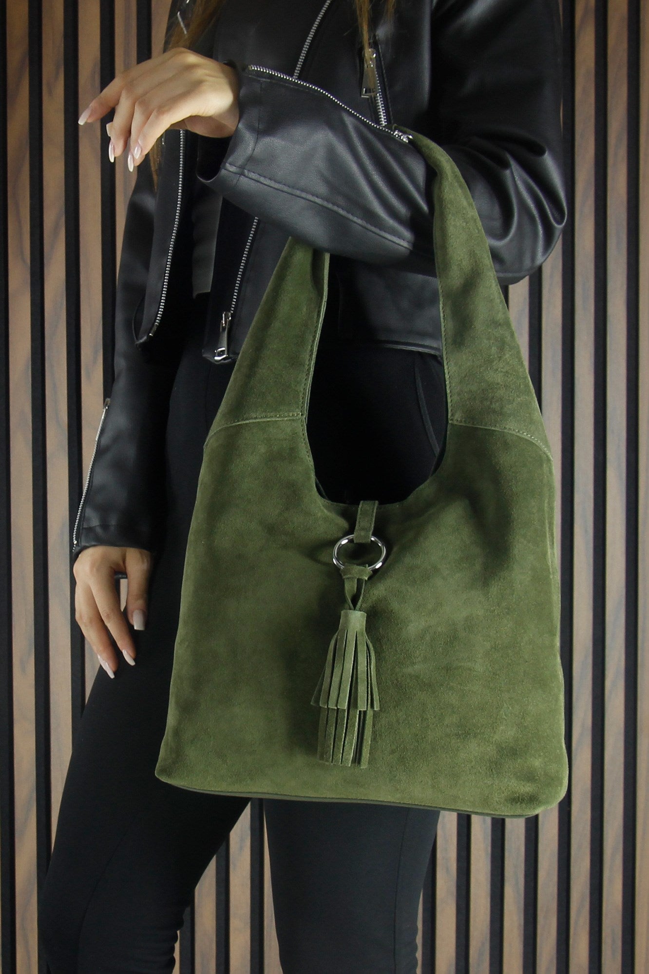 (VSN5015OC) Haki Hakiki Dana Süet Püsküllü Manyetik Kapaklı Orta Boy Günlük Omuz Çantası