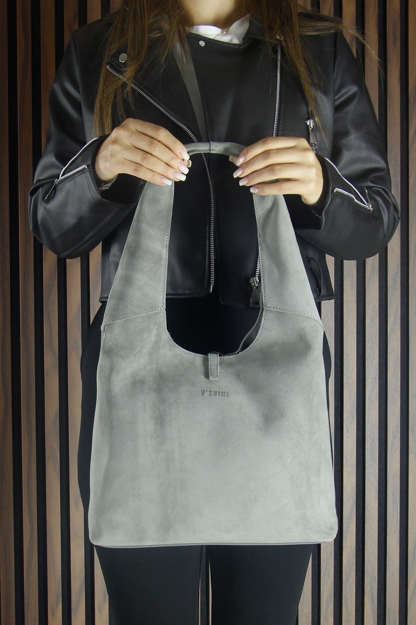 (VSN5015OC) Gri Hakiki Dana Süet Püsküllü Manyetik Kapaklı Orta Boy Günlük Omuz Çantası