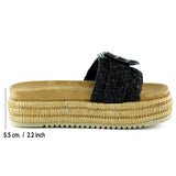 [7076] Siyah Sabit Tek Bant Kristal Taş Süslemeli Hasır Dokulu Dolgu Topuklu Terlik