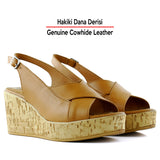 Luna Taba Hakiki Dana Derisi Çapraz Bantlı Mantar Taban Görünümlü Dolgu Topuklu Sandalet