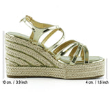 [7002] Altın Rugan Çapraz Bantlı Taşlı Zikzak Örgü Jüt Platform Topuklu Sandalet