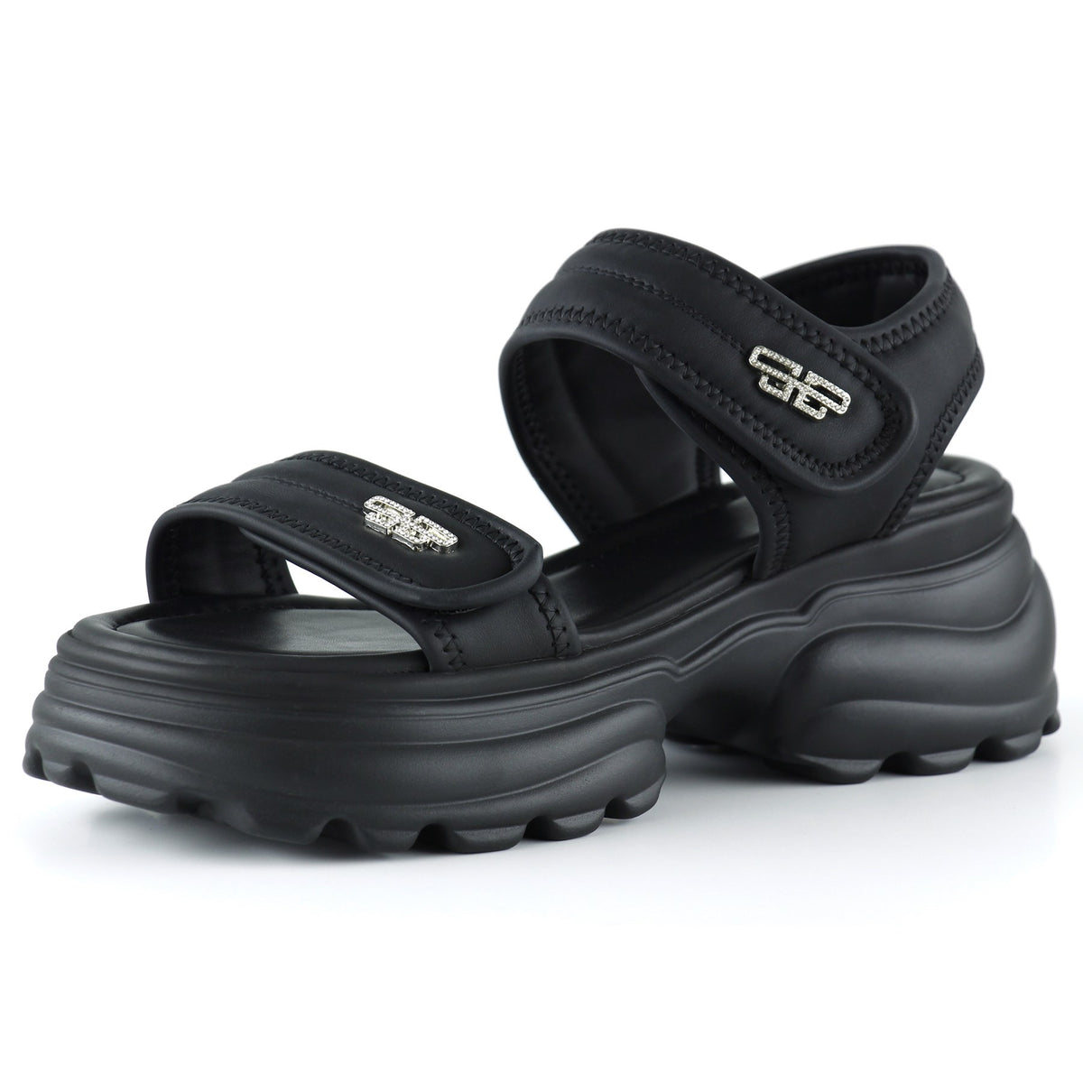 [7030] Siyah Kristal Taşlı Çift Cırt Cırt Bantlı Platform Sandalet