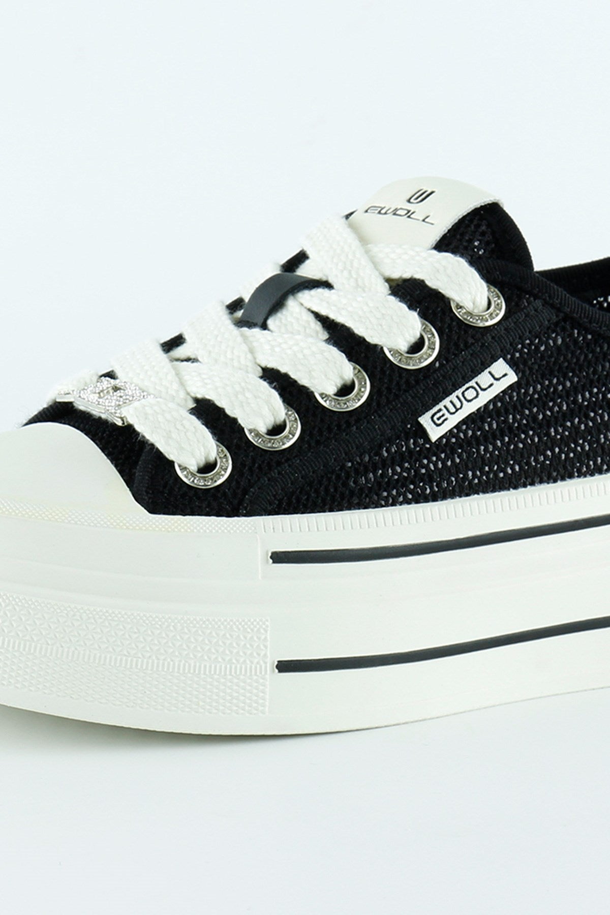 [5025] Siyah Beyaz Yüksek Taban Spor Fileli Taşlı Bağcıklı Platform Sneaker