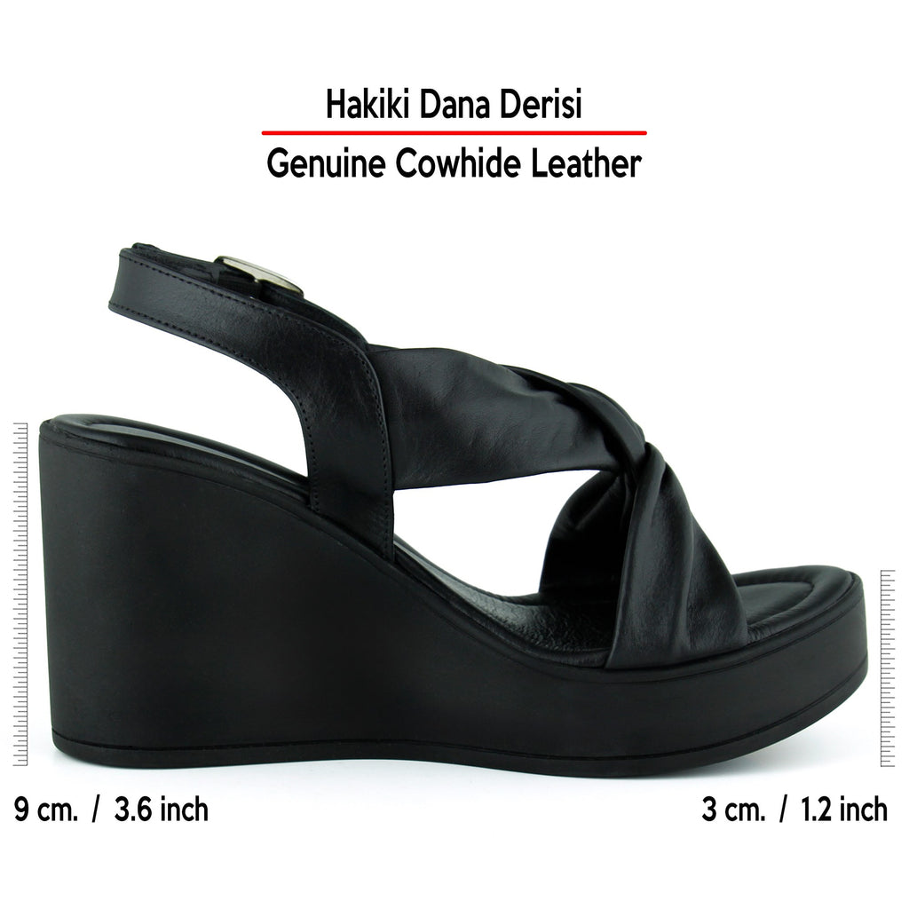 Monica Siyah Hakiki Dana Derisi Çapraz Burgulu Dolgu Topuklu Slingback Sandalet
