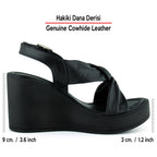 Monica Siyah Hakiki Dana Derisi Çapraz Burgulu Dolgu Topuklu Slingback Sandalet