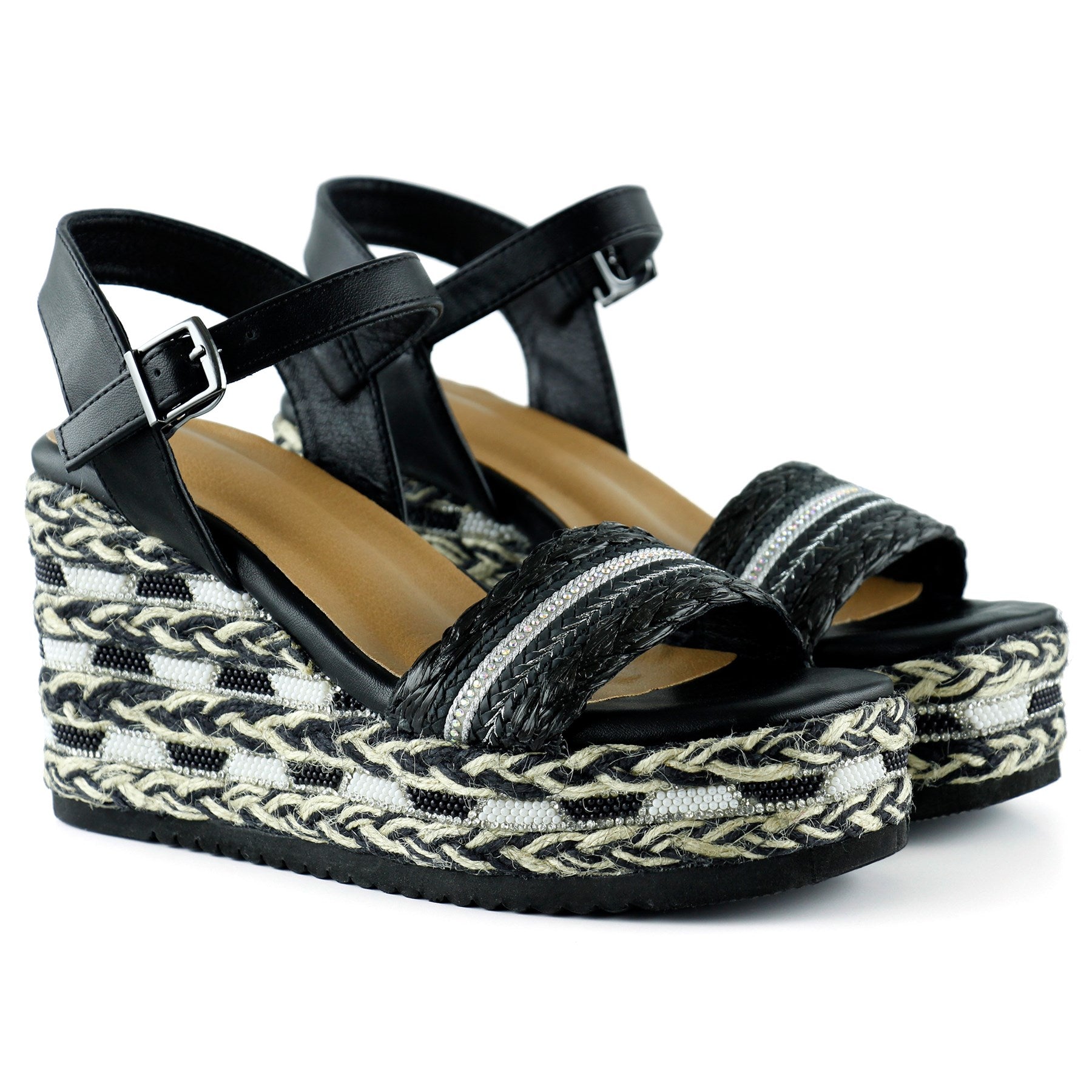 [7075] Siyah Kristal Taşlı İncili Sim Nakışlı Tokalı Zikzak Örgü Jüt Dolgu Topuklu Sandalet