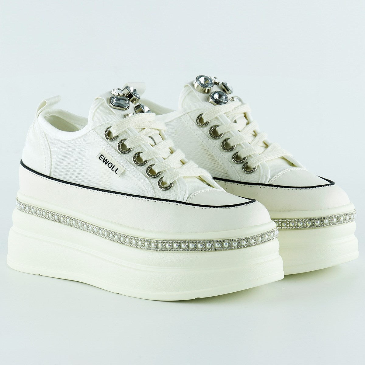 [5030] Beyaz Yüksek Taban Kristal Taşlı İnci Detaylı Bağcıklı Gelin Platform Sneaker