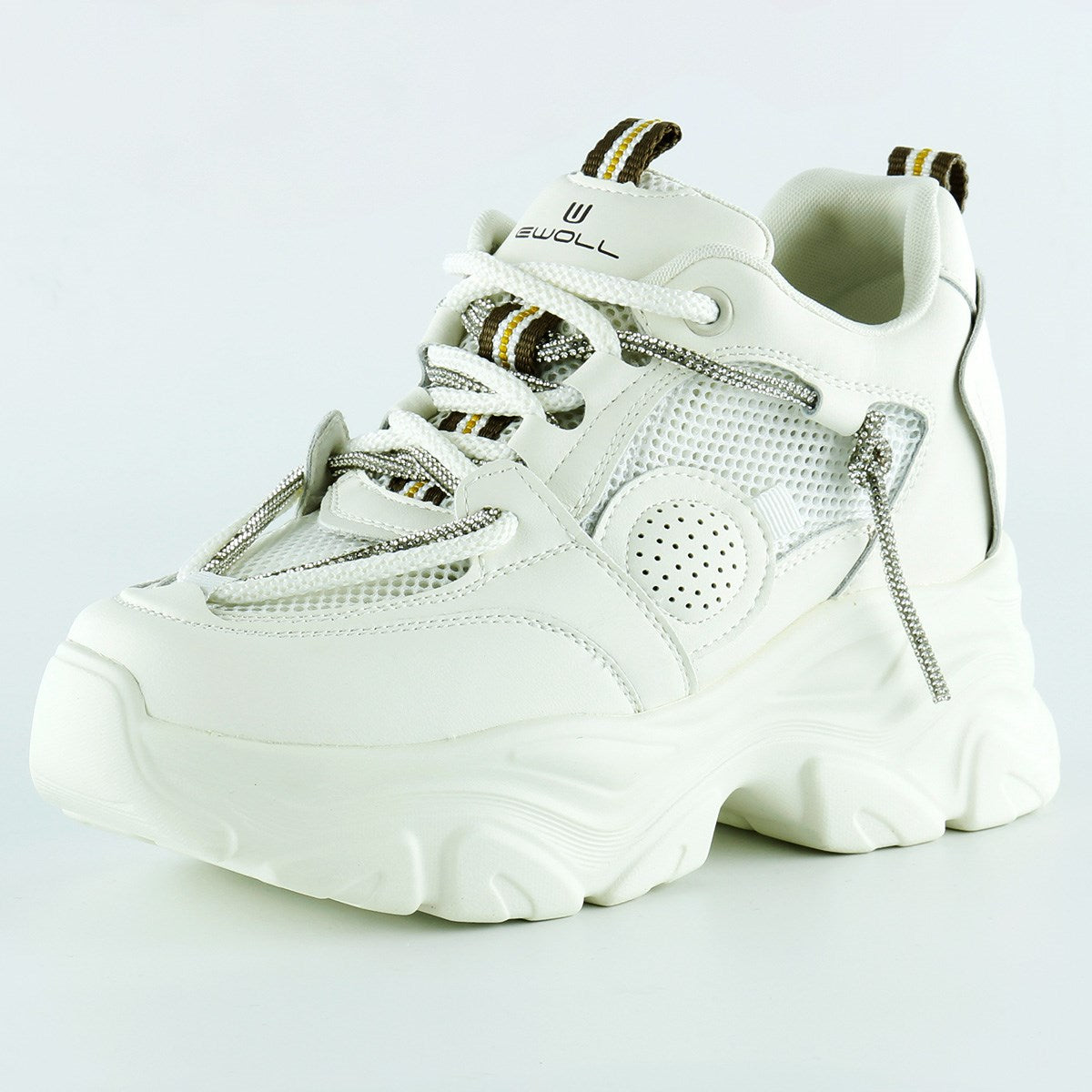 [5038] Ekru Yüksek Taban Spor Fileli Taşlı Bağcıklı Platform Sneaker