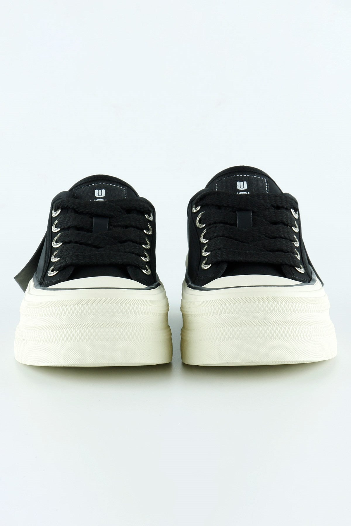 [5016] Siyah Saten Yüksek Taban Spor Taşlı Bağcıklı Platform Sneaker