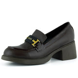 [MAX 54-133] Kahverengi Hakiki Dana Derisi Rugan Detaylı Tokalı Kalın Topuklu Günlük Loafer Ayakkabı