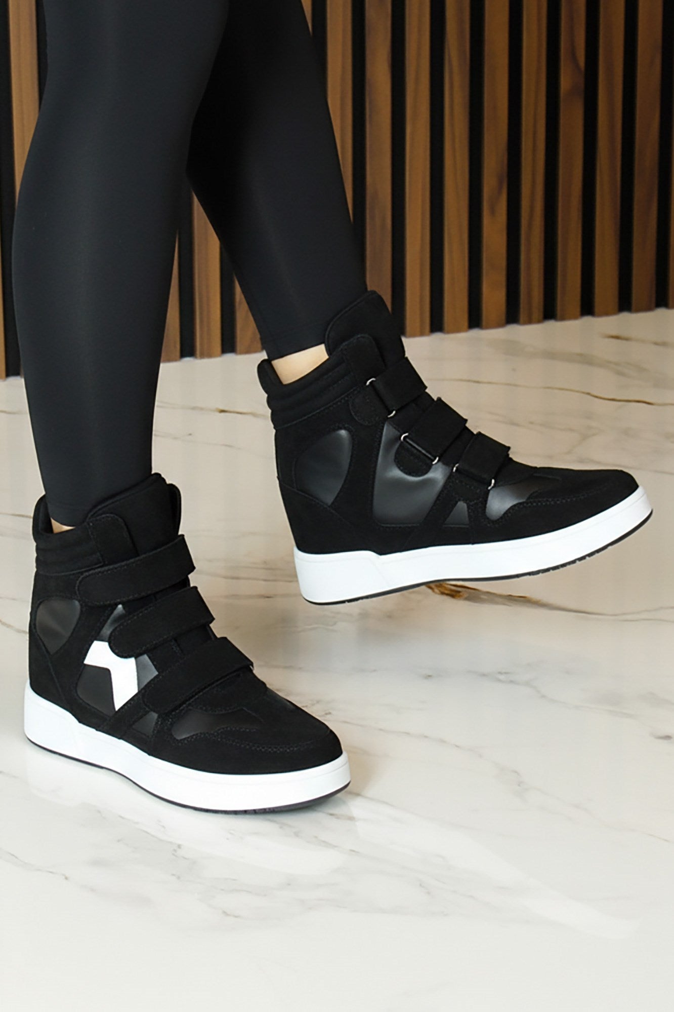 Talvi Siyah Beyaz Süet Yuvarlak Burun Cırt Cırtlı Gizli Dolgu Topuklu Günlük Bot