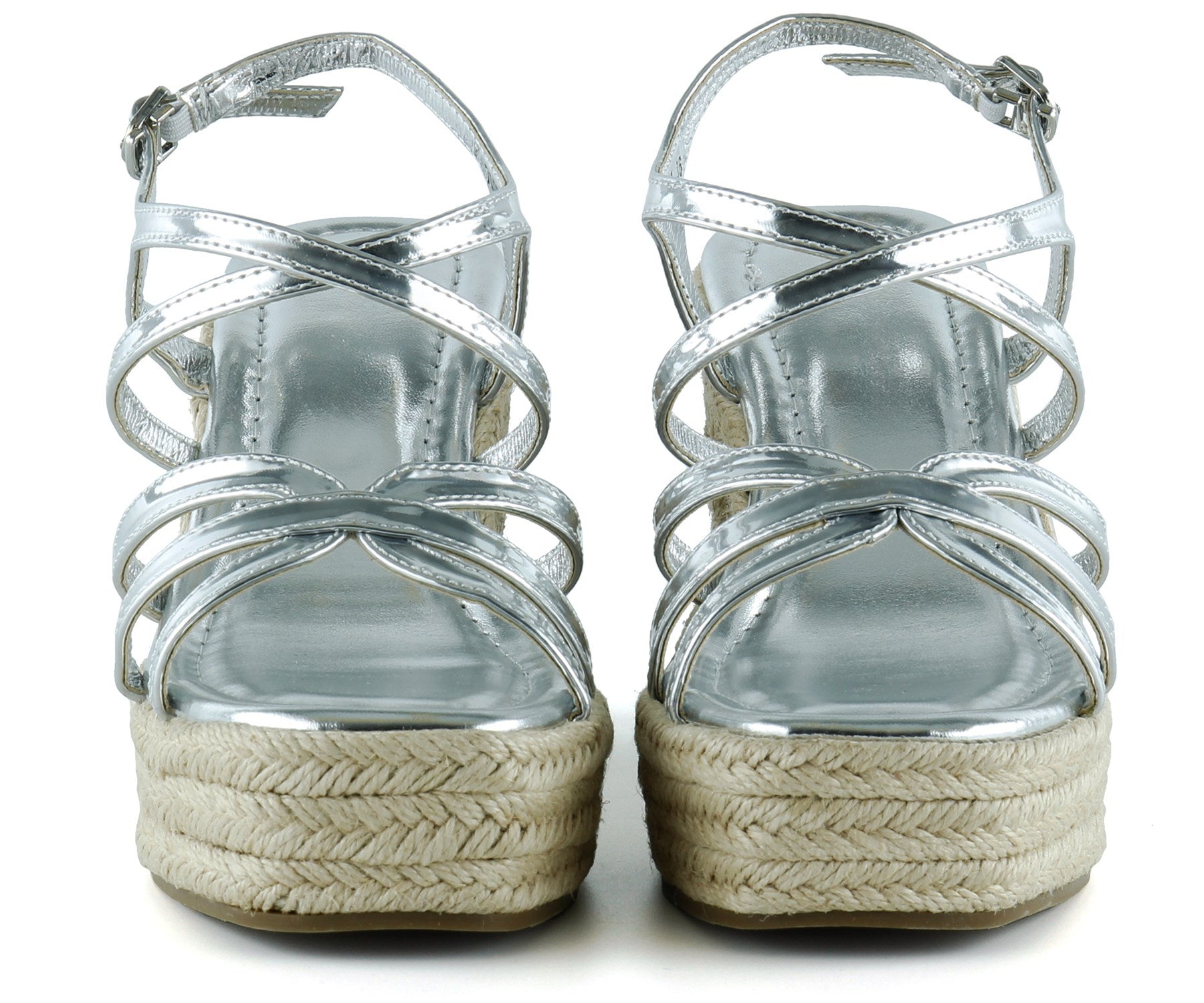 [7002] Gümüş Rugan Çapraz Bantlı Taşlı Zikzak Örgü Jüt Platform Topuklu Sandalet