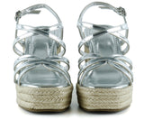 [7002] Gümüş Rugan Çapraz Bantlı Taşlı Zikzak Örgü Jüt Platform Topuklu Sandalet