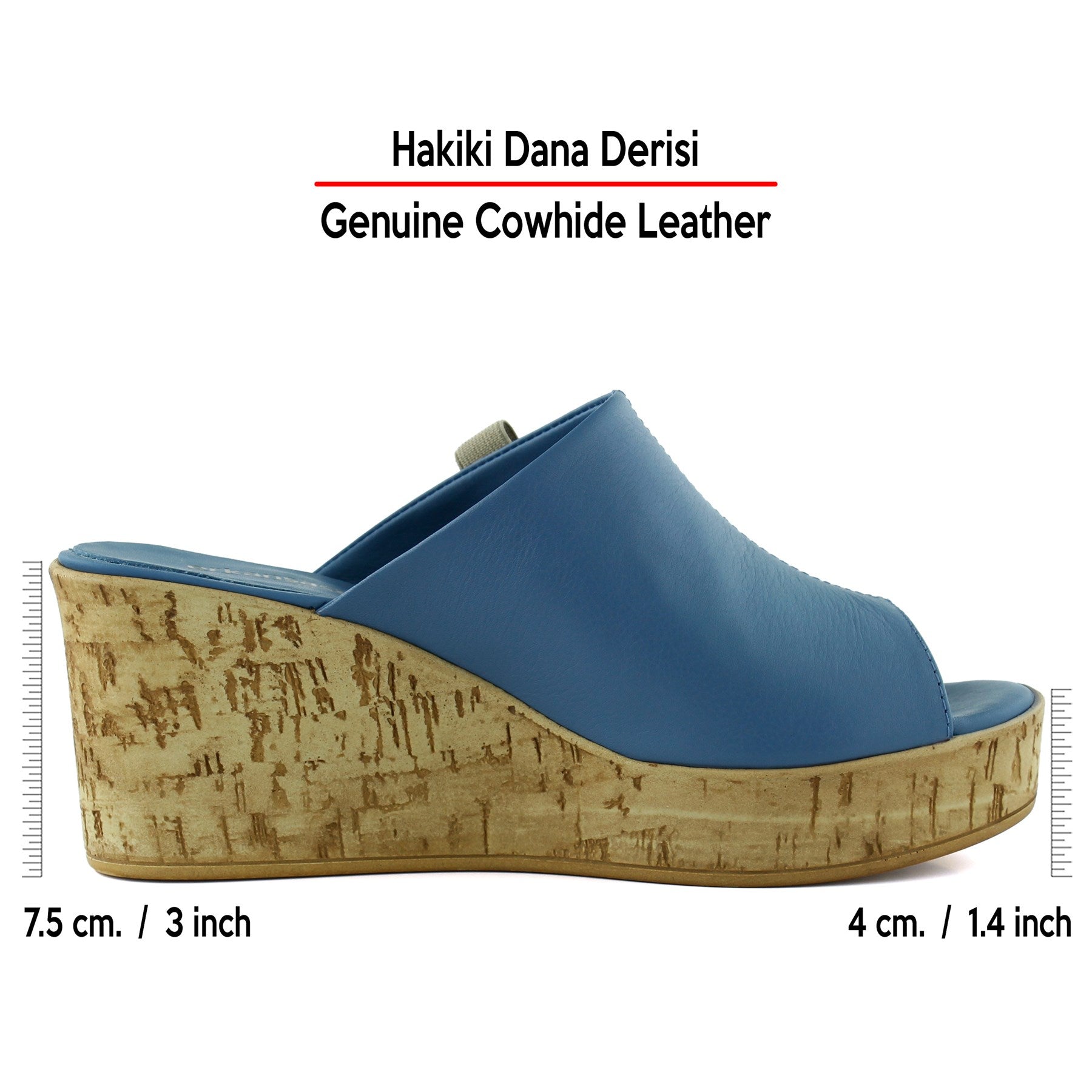 Fitoria Mavi Hakiki Dana Derisi Önü Açık Mantar Taban Görünümlü Dolgu Topuklu Terlik