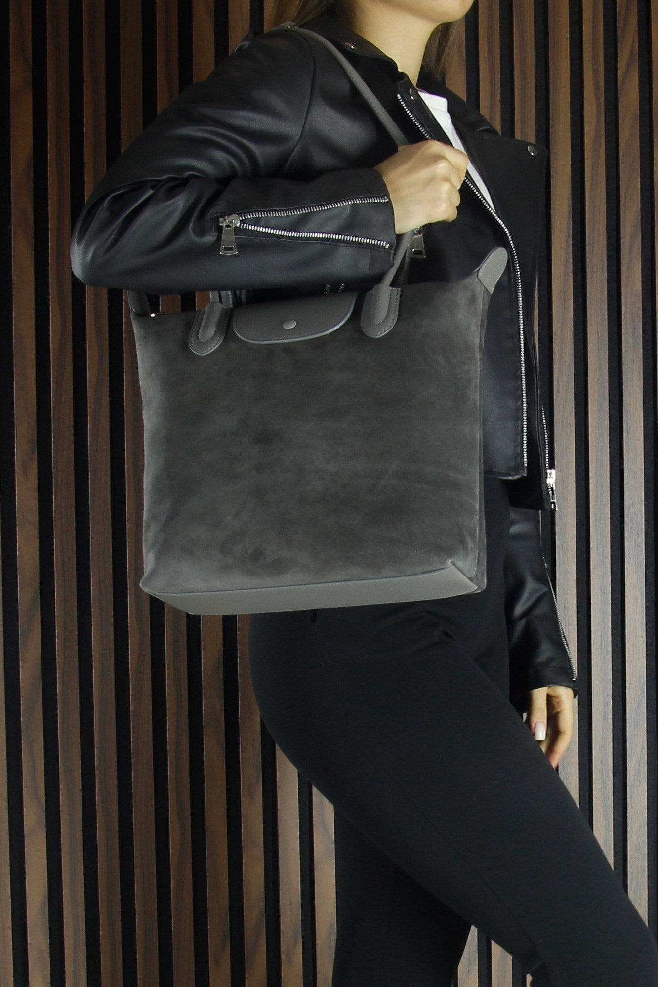 (VSN5017OC) Gri Hakiki Dana Süet Fermuarlı Manyetik Kapaklı Büyük Boy Günlük Omuz Çantası