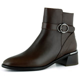 [MAX 502] Kahverengi Hakiki Dana Derisi Tokalı Fermuarlı Yuvarlak Burun Kalın Topuklu Günlük Bot