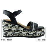 [7075] Siyah Kristal Taşlı İncili Sim Nakışlı Tokalı Zikzak Örgü Jüt Dolgu Topuklu Sandalet