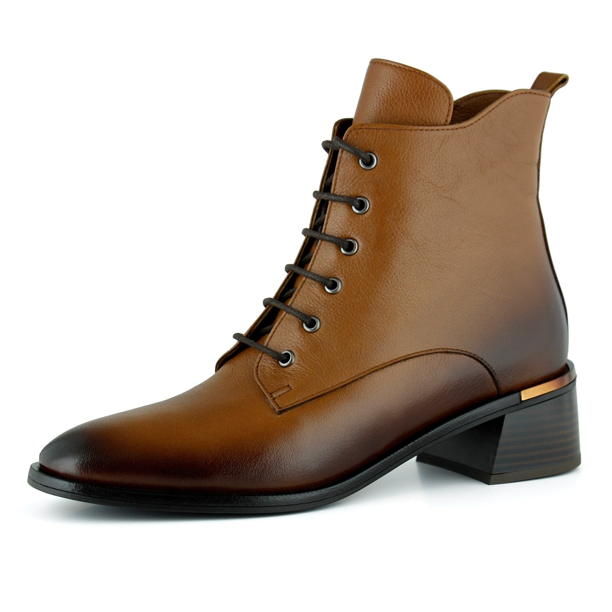 [MAX 505] Taba Hakiki Dana Derisi Bağcıklı Fermuarlı Yuvarlak Burun Kalın Topuklu Günlük Bot