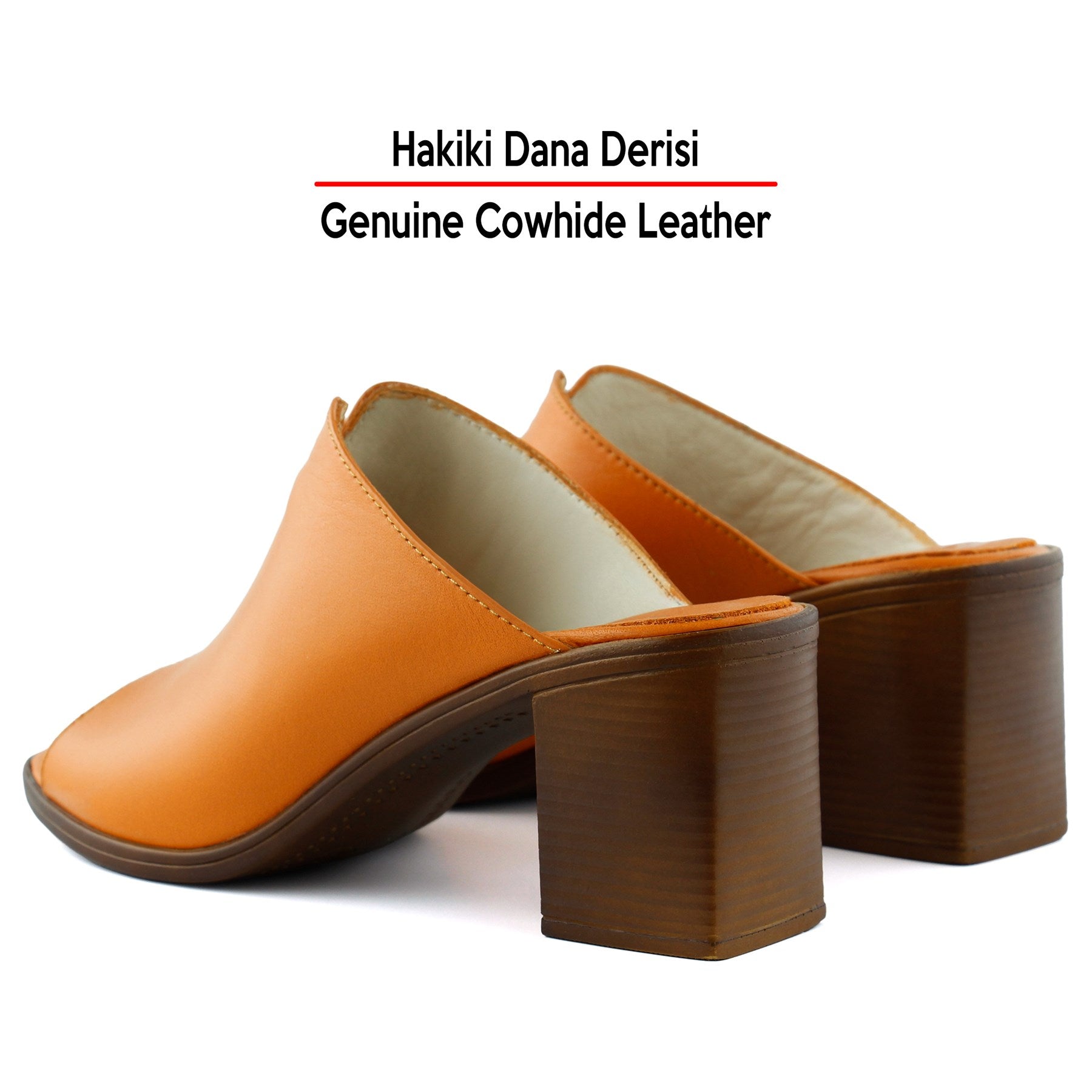 Valery Turuncu Hakiki Dana Derisi Önü Açık Kalın Topuklu Terlik