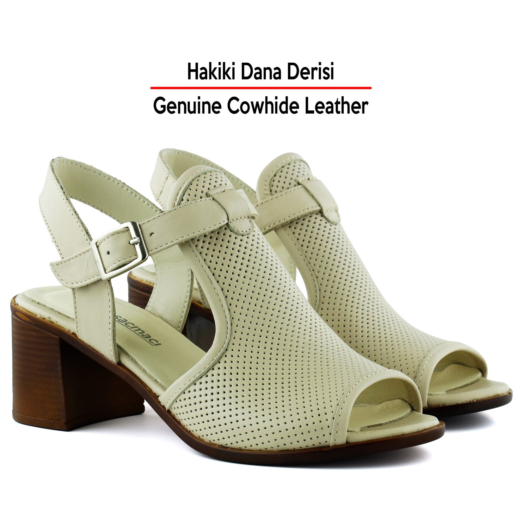 Elena Bej Hakiki Dana Derisi Önü Arkası Açık Delik Detaylı Kalın Topuklu Rahat Günlük Sandalet