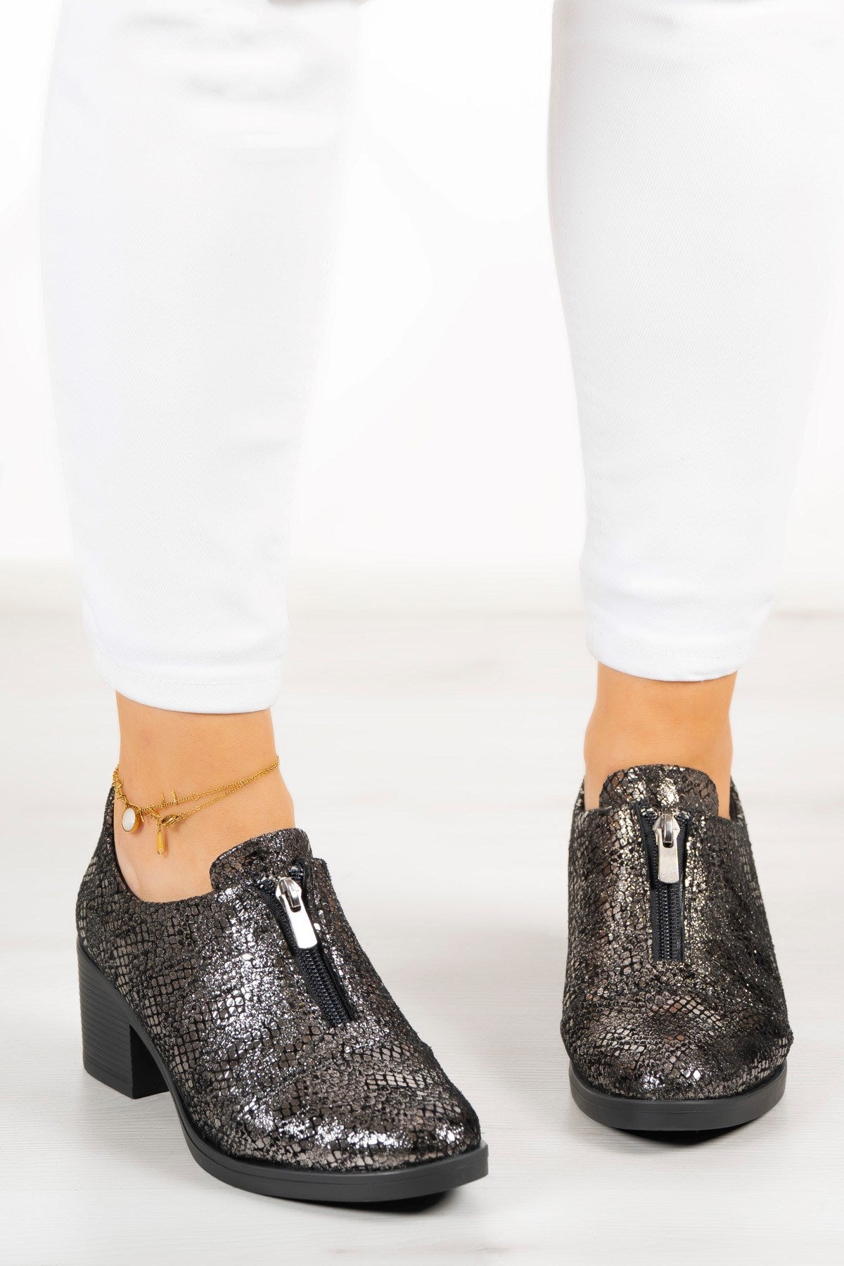 Brittany Gümüş Yılan Hakiki Deri Günlük Topuklu Ayakkabı