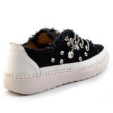 Valentina Siyah Denim Kristal Taşlı Gümüş Bağcıklı Sneaker