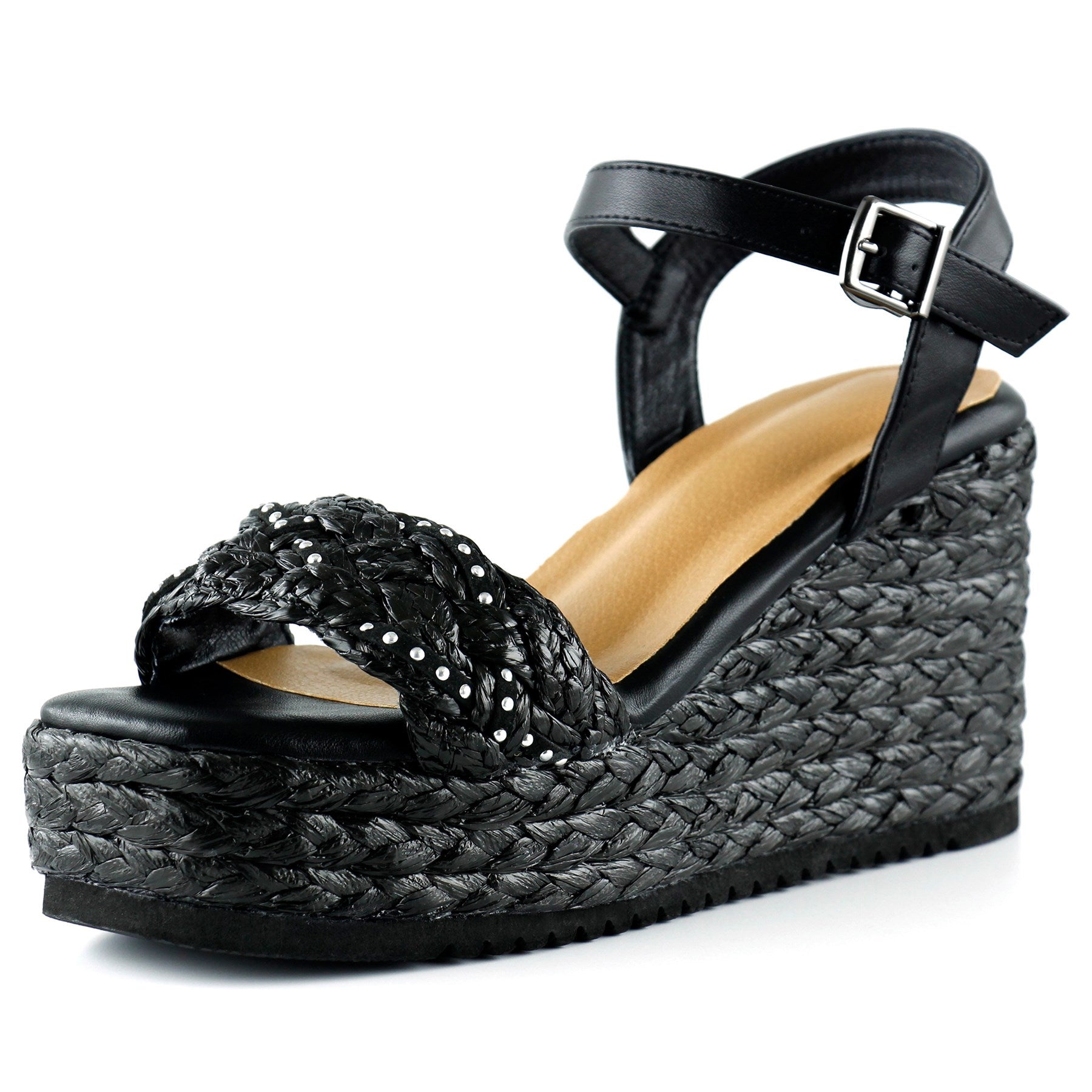 [7074] Siyah İnci İşlemeli Tokalı Hasır Örgü Görünümlü Dolgu Topuklu Sandalet