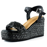 [7074] Siyah İnci İşlemeli Tokalı Hasır Örgü Görünümlü Dolgu Topuklu Sandalet