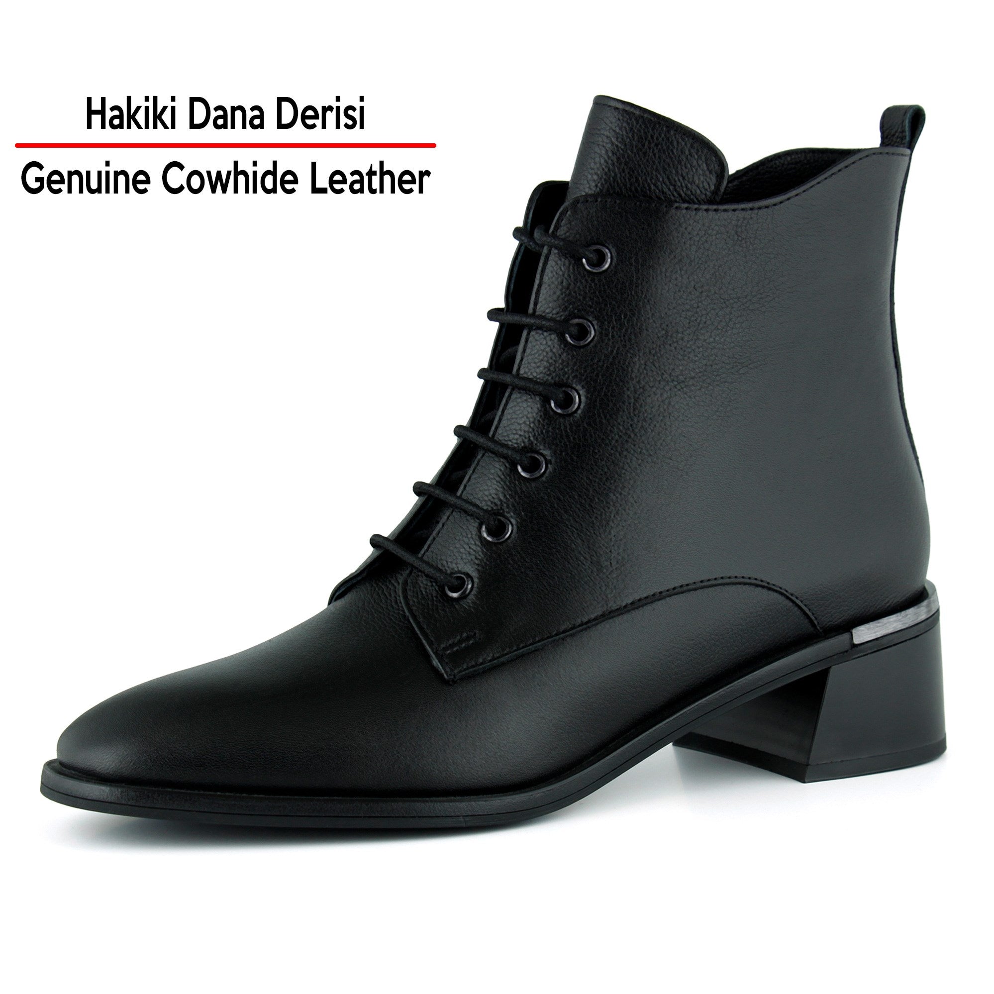 [MAX 505] Siyah Hakiki Dana Derisi Bağcıklı Fermuarlı Yuvarlak Burun Kalın Topuklu Günlük Bot