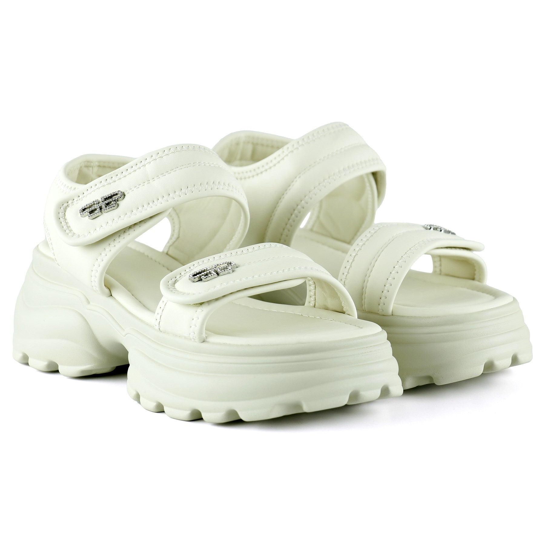 [7030] Bej Kristal Taşlı Çift Cırt Cırt Bantlı Platform Sandalet