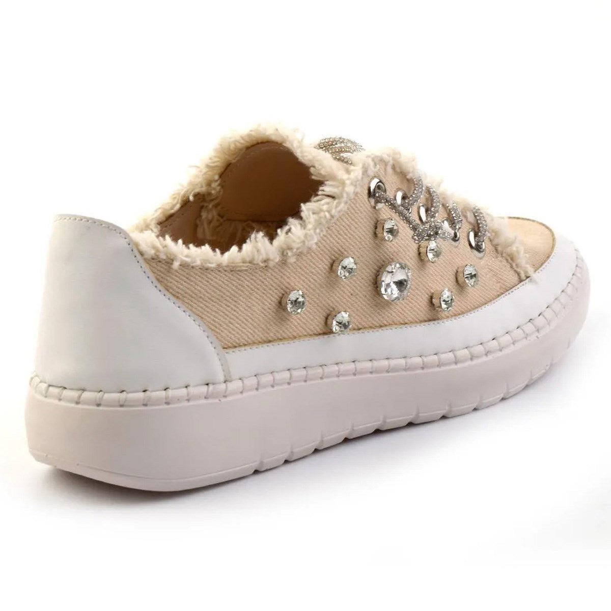 Valentina Bej Denim Kristal Taşlı Gümüş Bağcıklı Sneaker