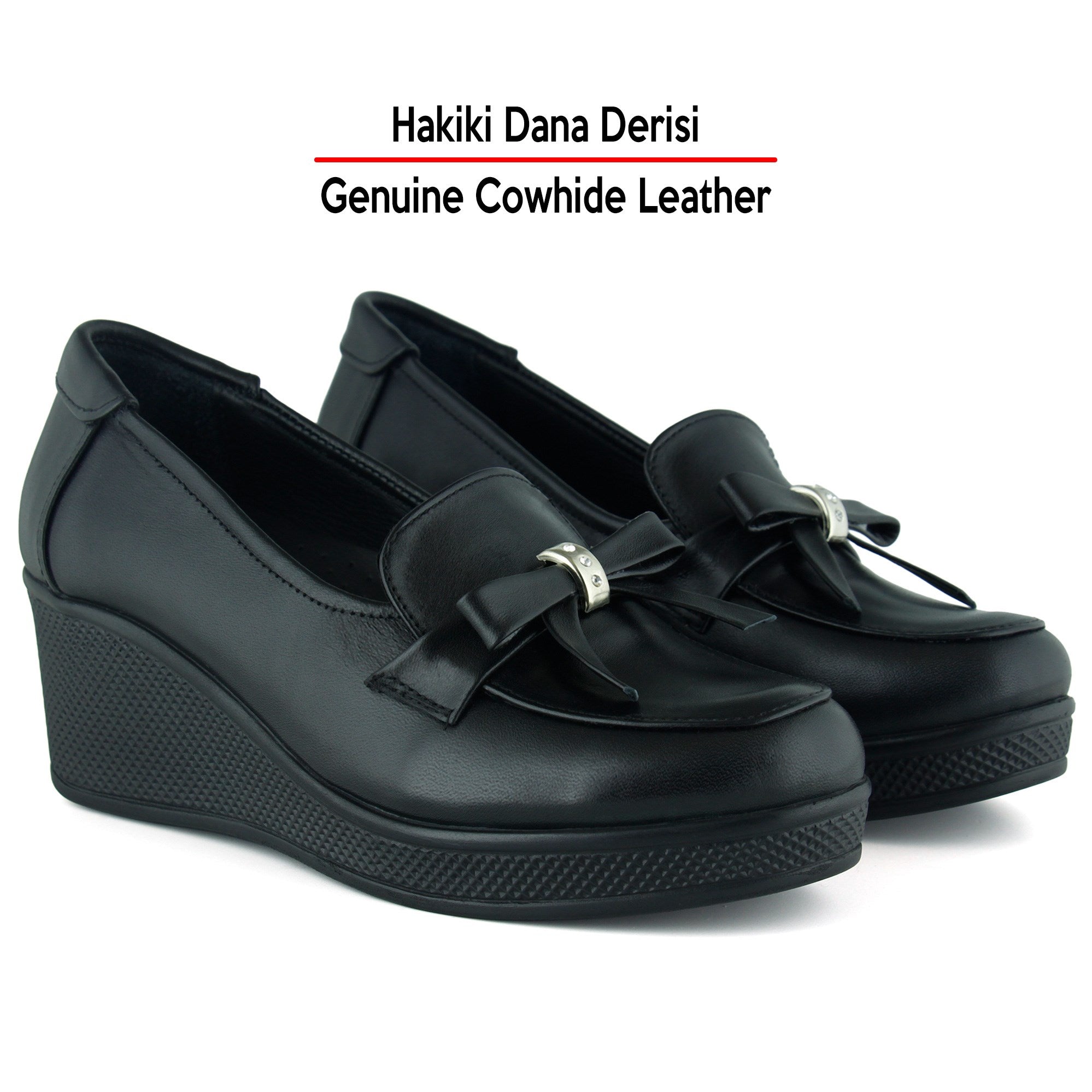 Emma Siyah Hakiki Dana Derisi Fiyonklu Yuvarlak Burun Dolgu Topuklu Günlük Ayakkabı