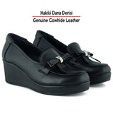 Emma Siyah Hakiki Dana Derisi Fiyonklu Yuvarlak Burun Dolgu Topuklu Günlük Ayakkabı