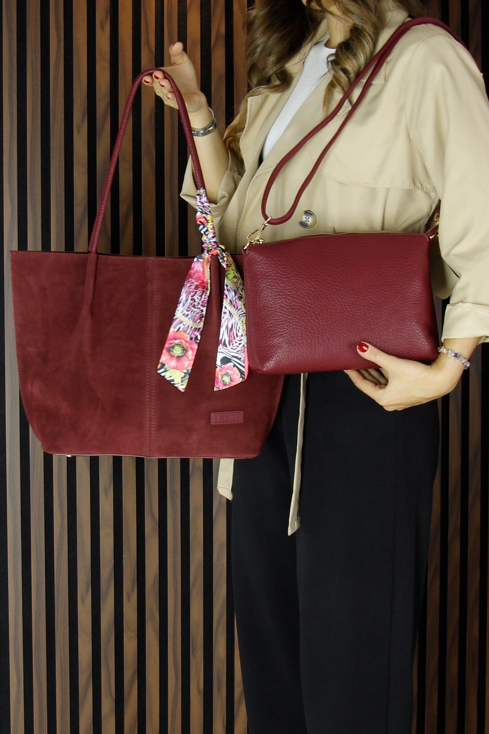 (VSN3093OC) Bordo Hakiki Dana Süet Manyetik Kapaklı Büyük Boy Günlük Omuz Çantası ve Askılı El Çantası