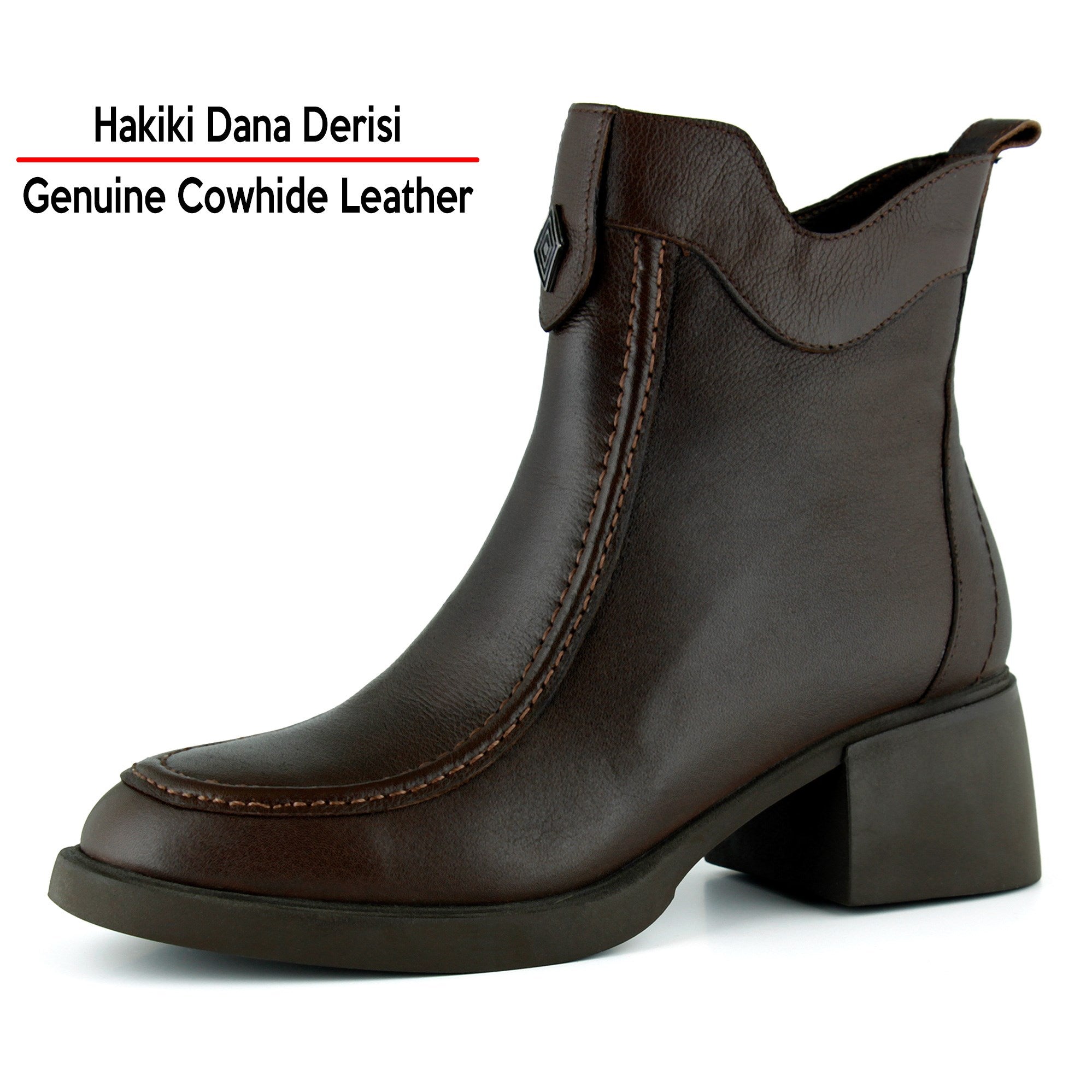 [MAX 523] Kahverengi Hakiki Dana Derisi Tokalı Fermuarlı Yuvarlak Burun Kalın Topuklu Günlük Bot