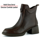 [MAX 523] Kahverengi Hakiki Dana Derisi Tokalı Fermuarlı Yuvarlak Burun Kalın Topuklu Günlük Bot