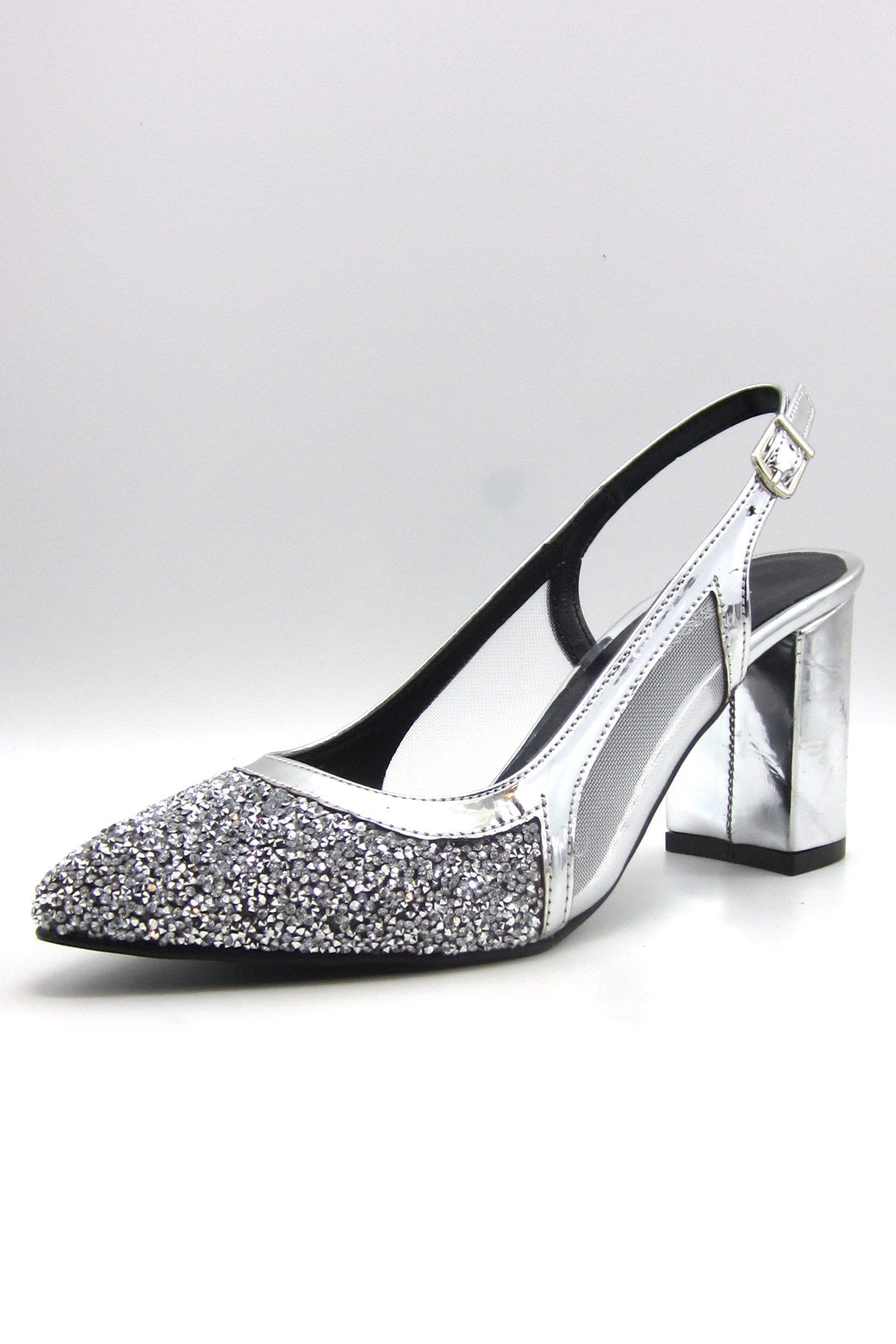 Panula Exclusive Gümüş Taşlı Fileli Arkası Açık Abiye Ayakkabı