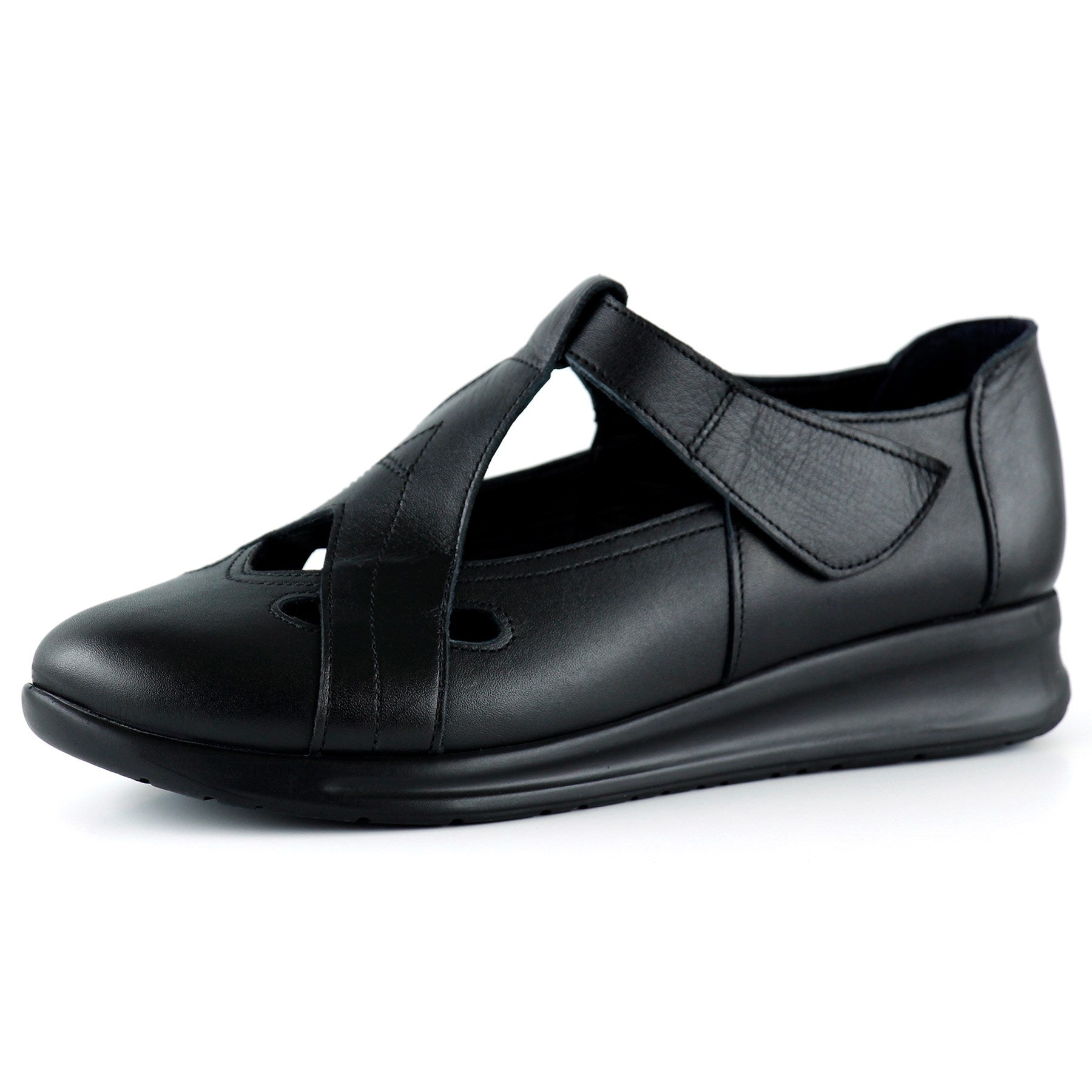 Frida Siyah Hakiki Deri Kesik Detaylı Cırt Cırtlı Günlük Ayakkabı