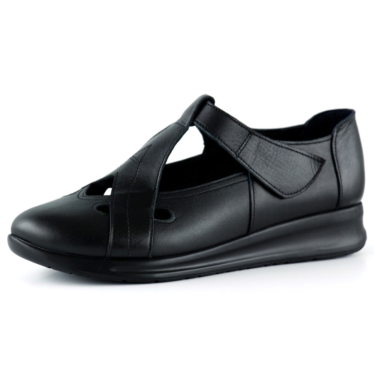 Frida Siyah Hakiki Deri Kesik Detaylı Cırt Cırtlı Günlük Ayakkabı