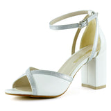 Charlotte Beyaz Gümüş Vegan Çapraz Bantlı Kalın Topuklu Abiye Gelin Ayakkabısı