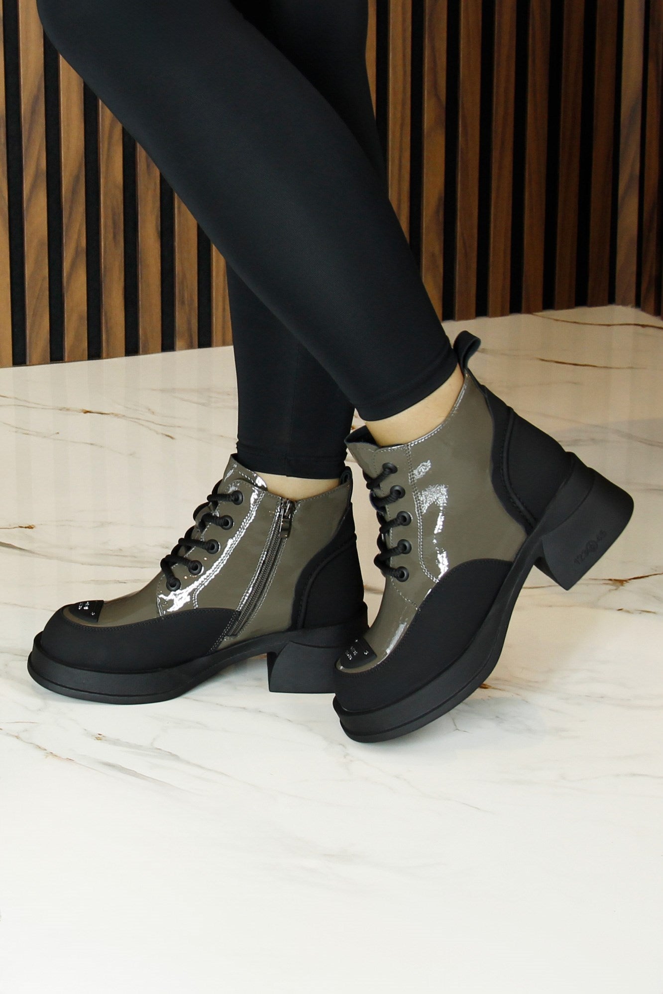 [8077] Haki Rugan Bağcıklı Fermuarlı Kürk Astarlı Yuvarlak Burun Kalın Topuklu Günlük Bot