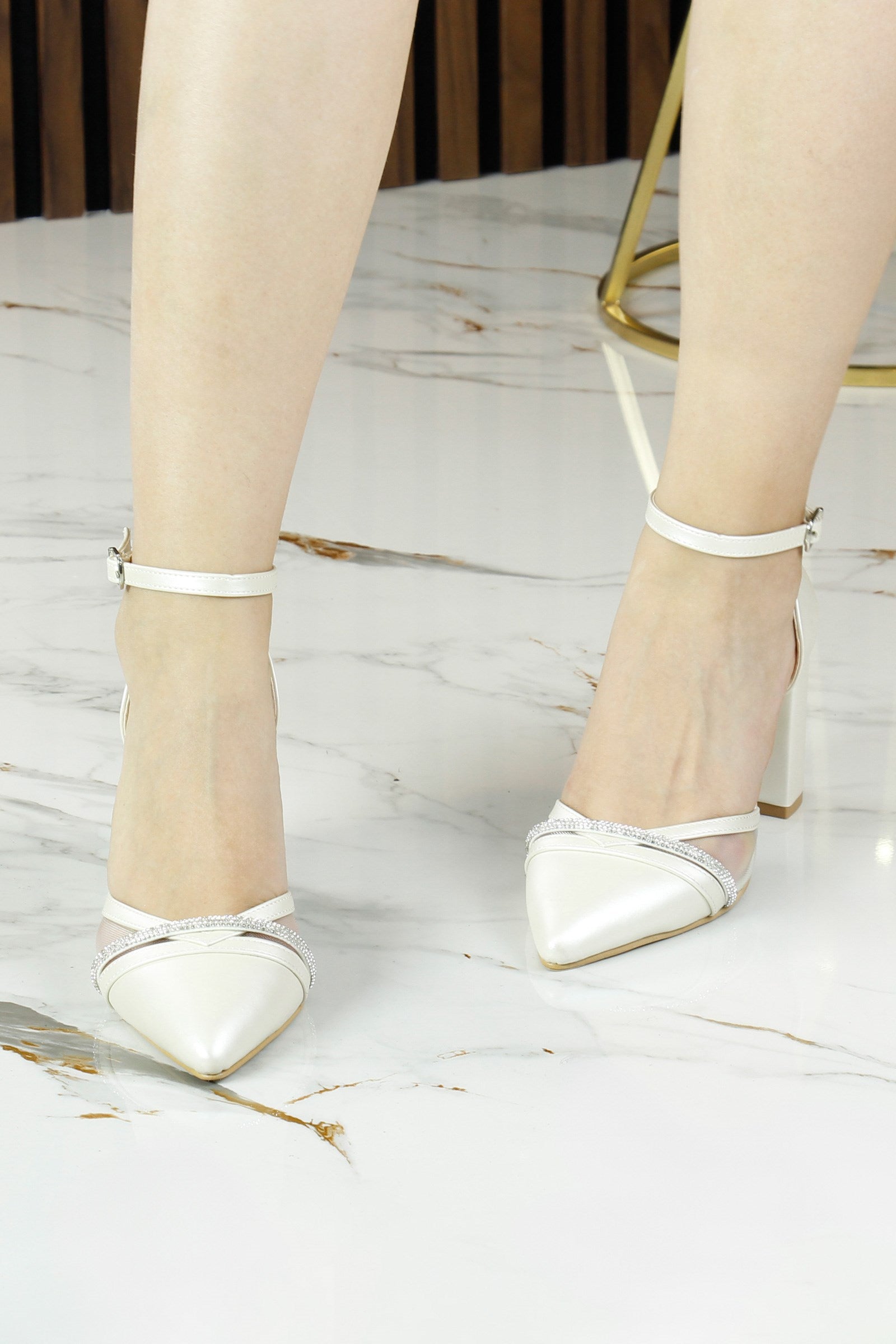 Molly Sedef Vegan Sivri Burun Taşlı Fileli Kalın Topuklu Abiye Gelin Ayakkabısı