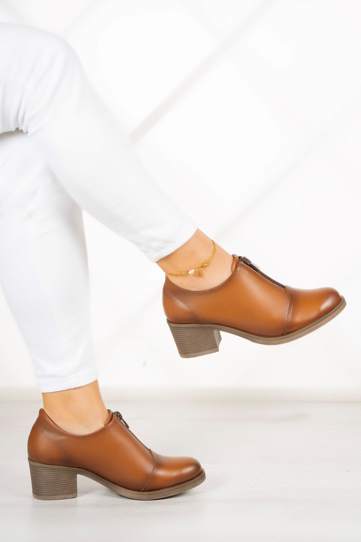 Brittany Taba Hakiki Deri Günlük Topuklu Ayakkabı