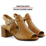 Elena Taba Hakiki Dana Derisi Önü Arkası Açık Delik Detaylı Kalın Topuklu Rahat Günlük Sandalet