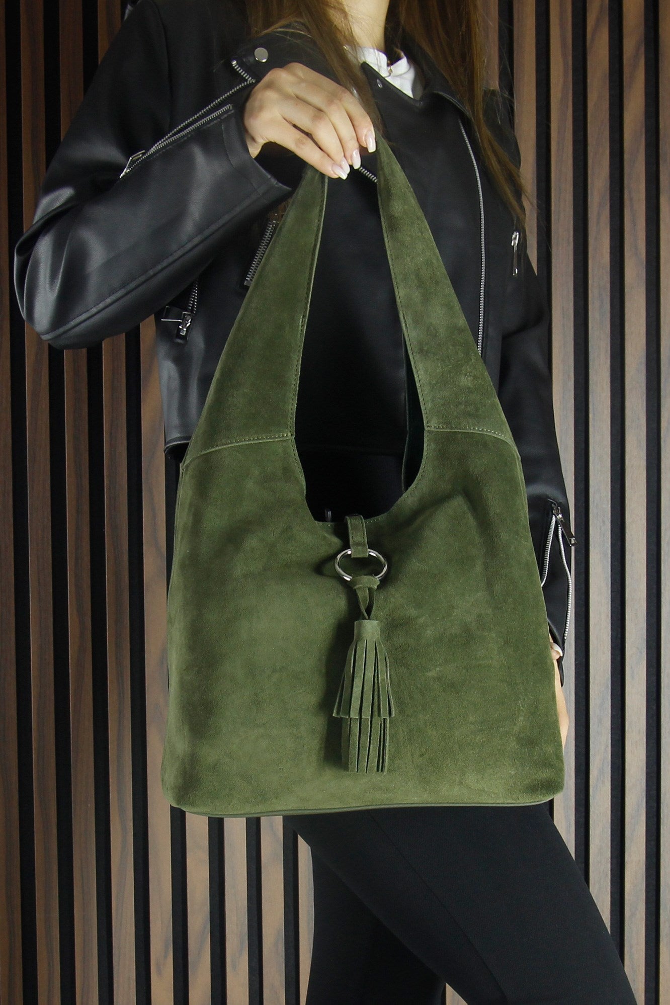 (VSN5015OC) Haki Hakiki Dana Süet Püsküllü Manyetik Kapaklı Orta Boy Günlük Omuz Çantası