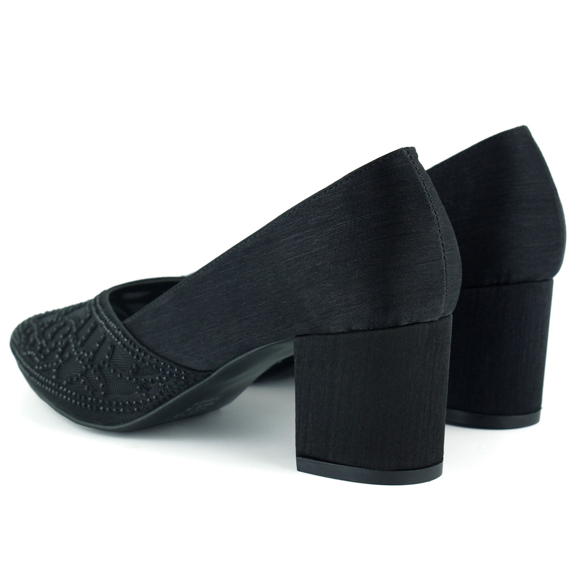 Patricia Siyah Saten Taşlı Fileli Sivri Burun Kalın Topuklu Abiye Ayakkabı