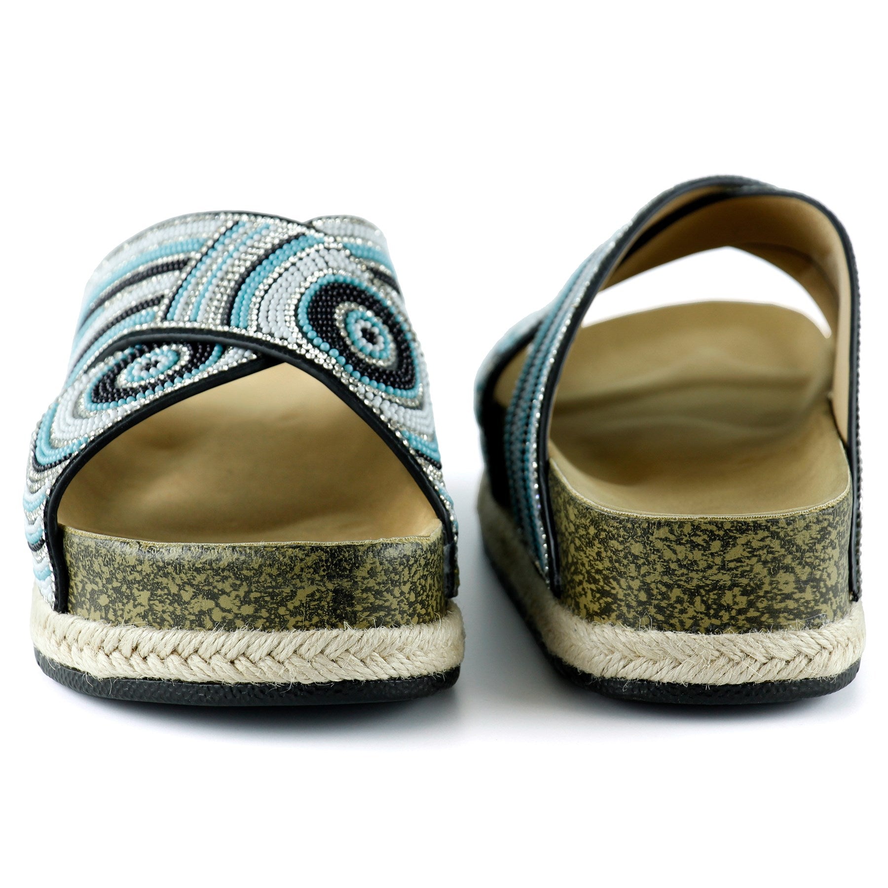 [7037] Siyah Turkuaz Boncuklu Çapraz Bantlı Kristal Taşlı Hasır Detaylı Mantar Taban Görünümlü Terli