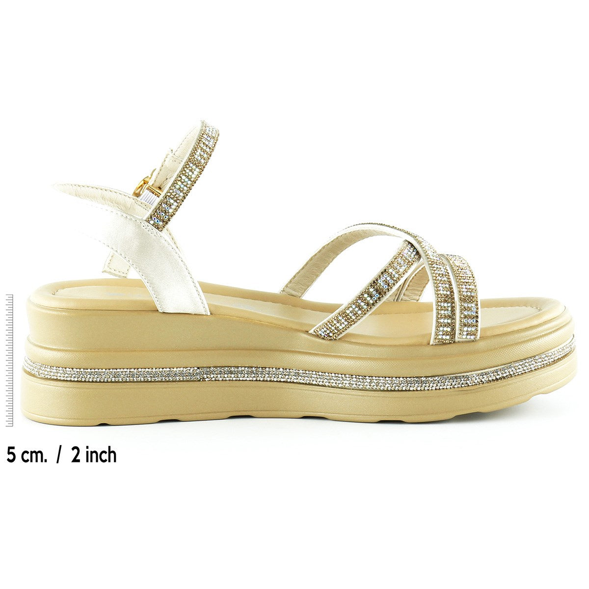 [7026] Bej Saten Altın Kristal Taşlı Platform Sandalet