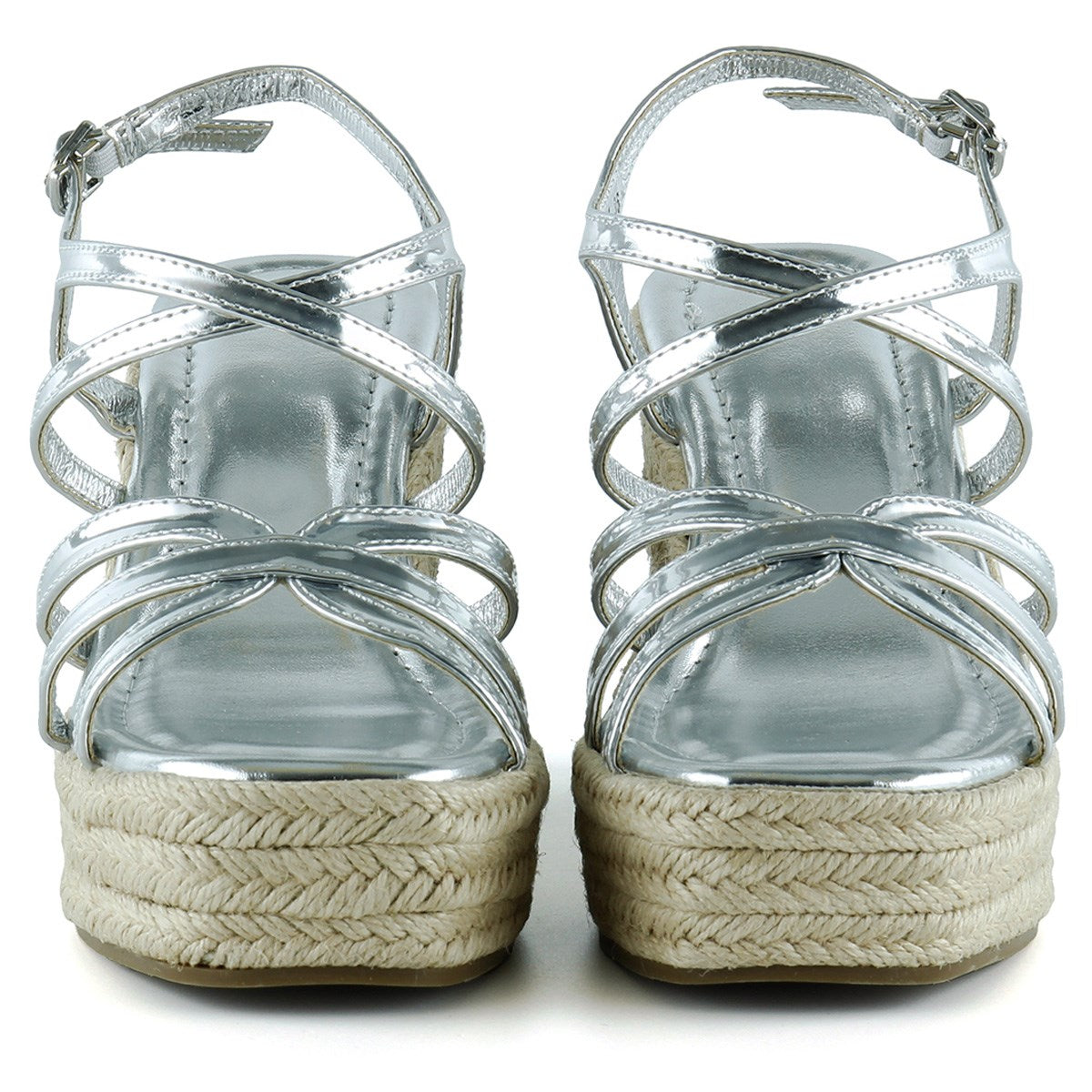 [7002] Gümüş Rugan Çapraz Bantlı Taşlı Zikzak Örgü Jüt Platform Topuklu Sandalet